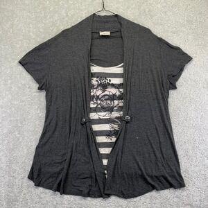 Lavish Womens Gray Rose Stripe Short Sleeve Cardigan Top Blouse Size L